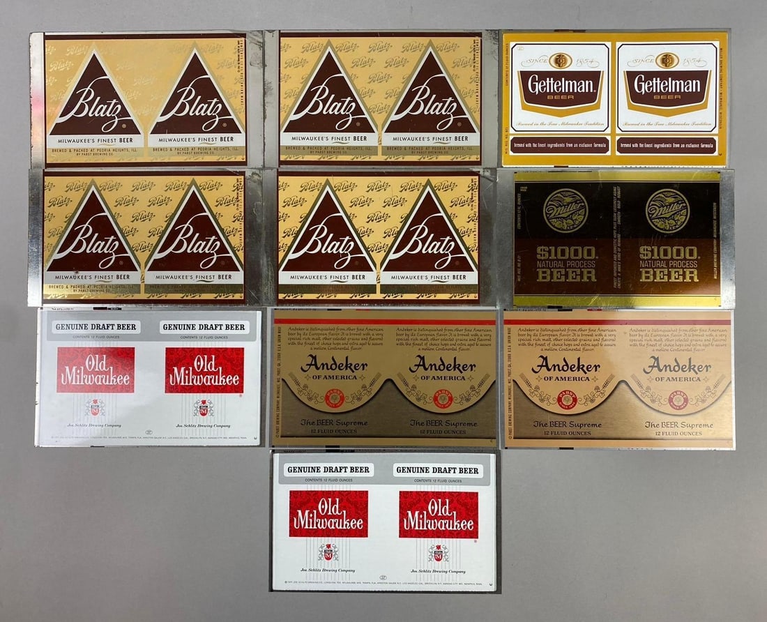 Group of Assorted Beer Cans Advertising Flats: Includes Old Milwaukee, Blatz, and more. Largest measures L 8 x W 5 inches.