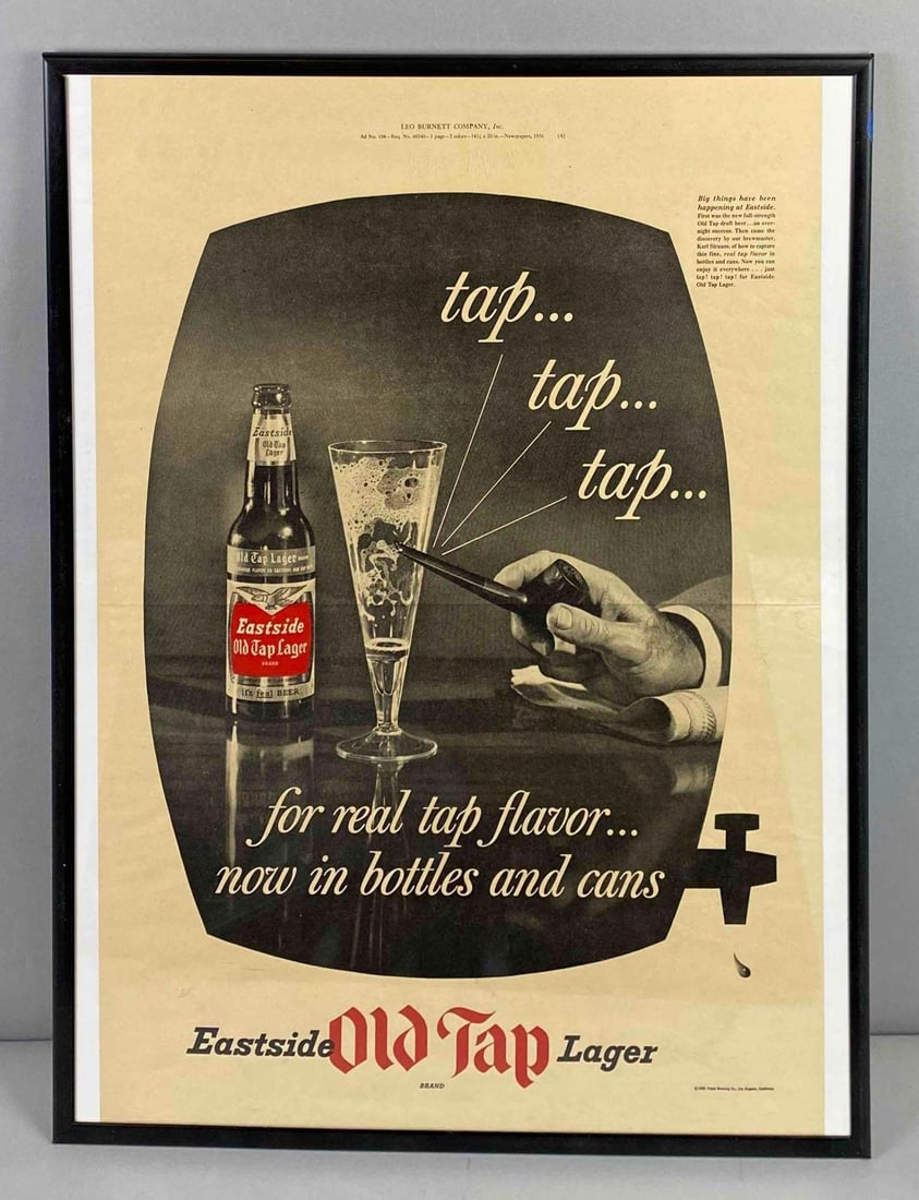 Eastside Old Tap Lager Advertising Print: 1956 Pabst Brewing Co. Los Angeles, California. Measures L 24 x W 18 inches.
