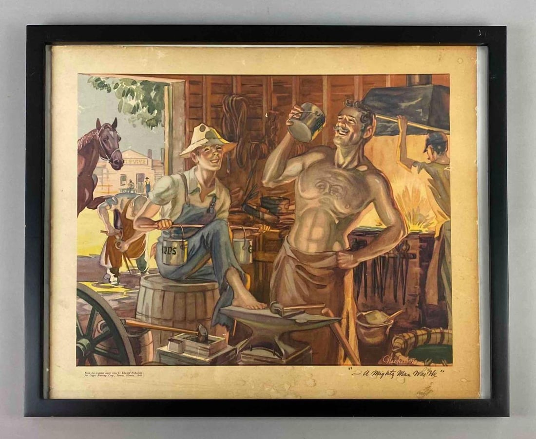 Gipps Brewing “ A Mighty Man Was Me?? Framed Advertising Print: Reprint of original watercolor by Edward Nicholson for Gipps Brewing 1946. Measures L 21 x W 17 inches.