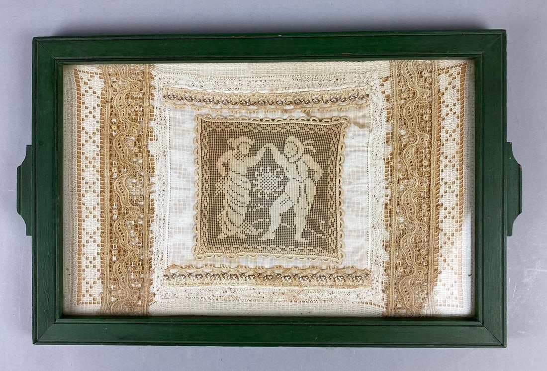 Vintage Framed French Hand Woven Linen Lace: Features motif of a dancing couple. Measure L 19 x W 12 inches.