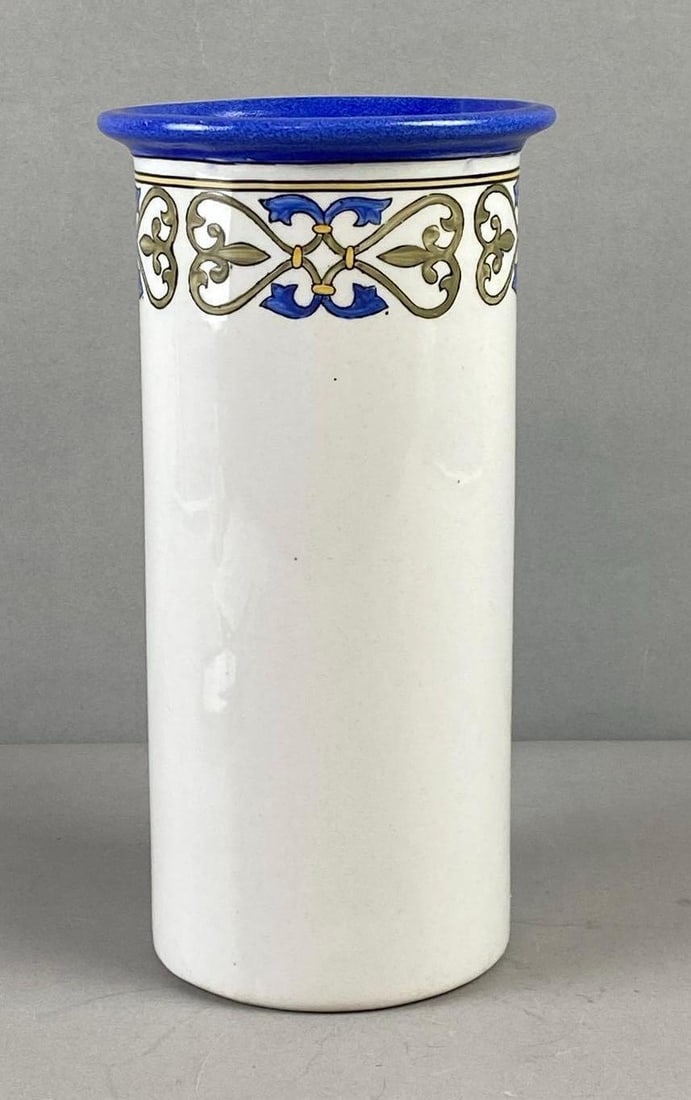 Vintage Ecco Nova Pottery Wine Chiller: Features a Spanish Blue and gold pattern Design. Made in China. Measures 10” tall.
