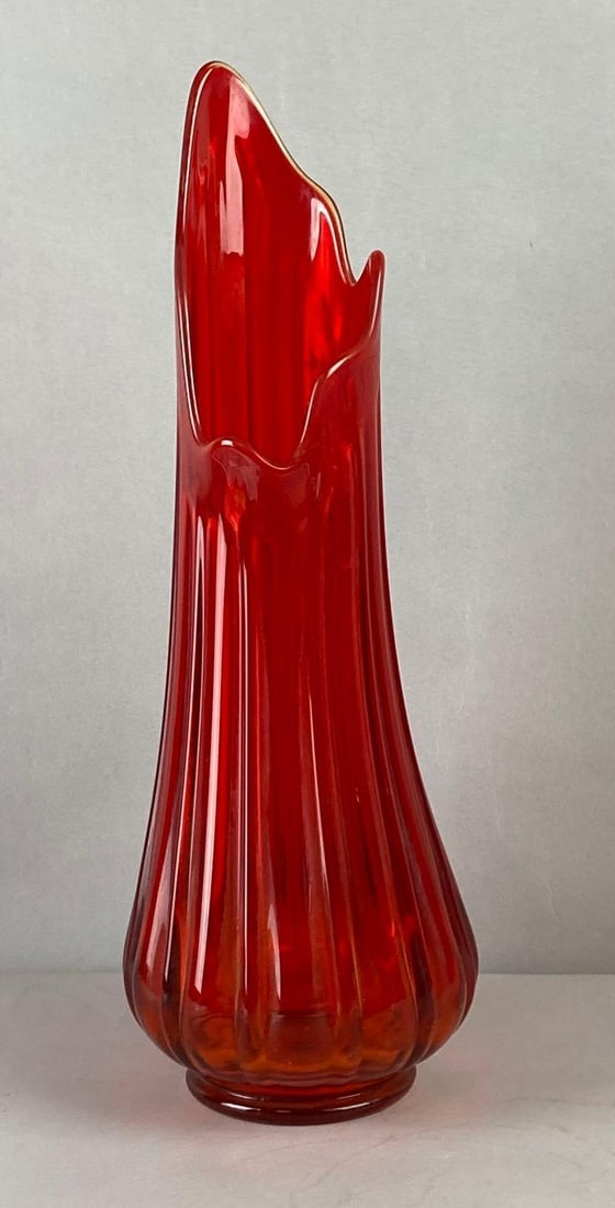 Vintage L.E. Smith Ruby Red Swung Vase: Measures 18 1/2” tall.