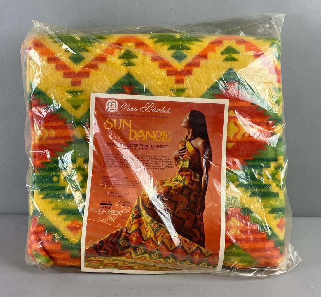 Vintage Owen Blankets Sun Dance Native Pattern Blanket: Mfg by Charles D. Owen Manufacturing Co. Inc. in Swannanoa, North Carolina. Like new in original packaging. Measures L 90 x W 66 inches.