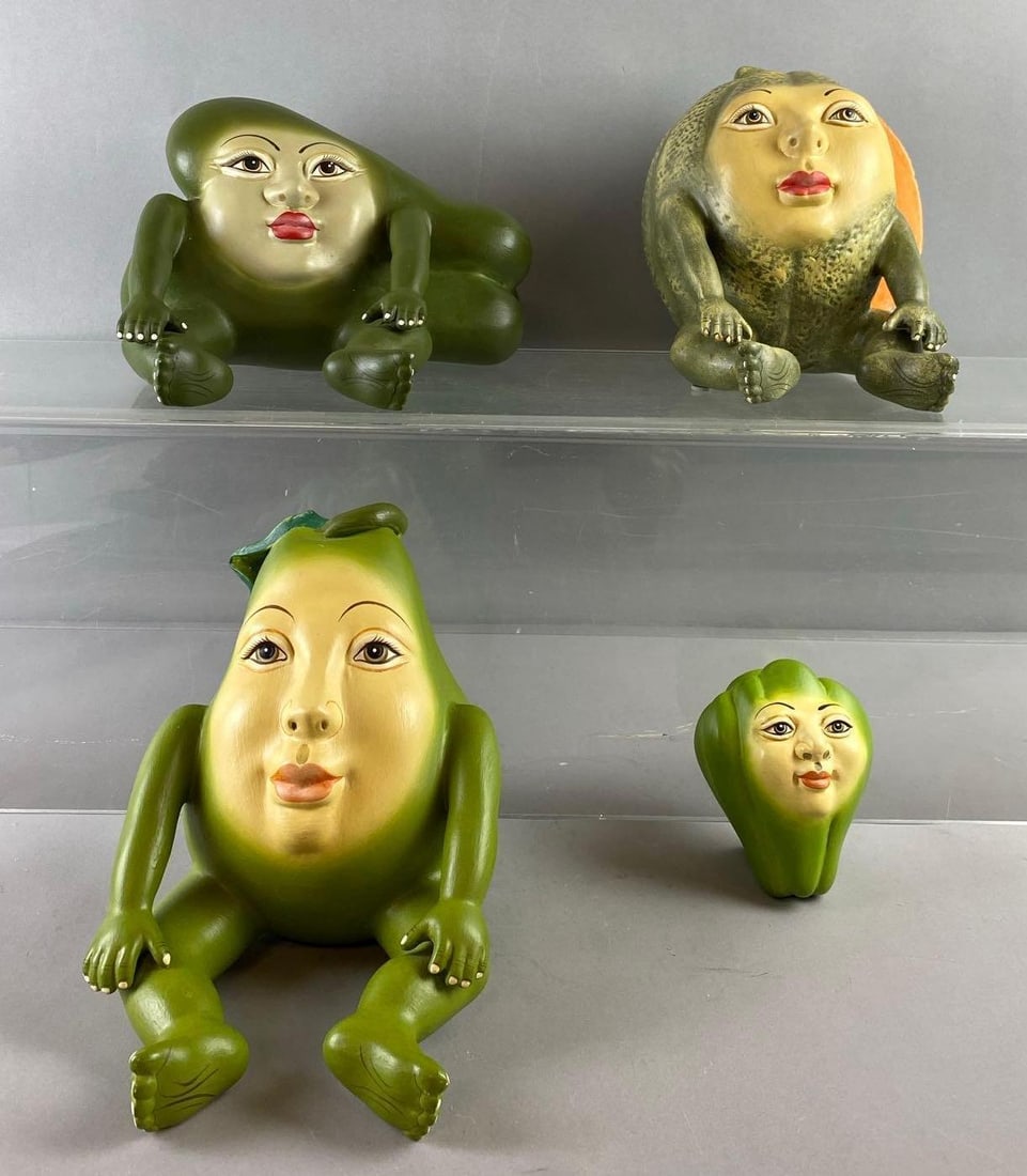 Group of 4 Anthropomorphic Vegetables Figures: Handmade in Mexico by C. el Mex largest measures H 6 x W 9 x L 10 inches.