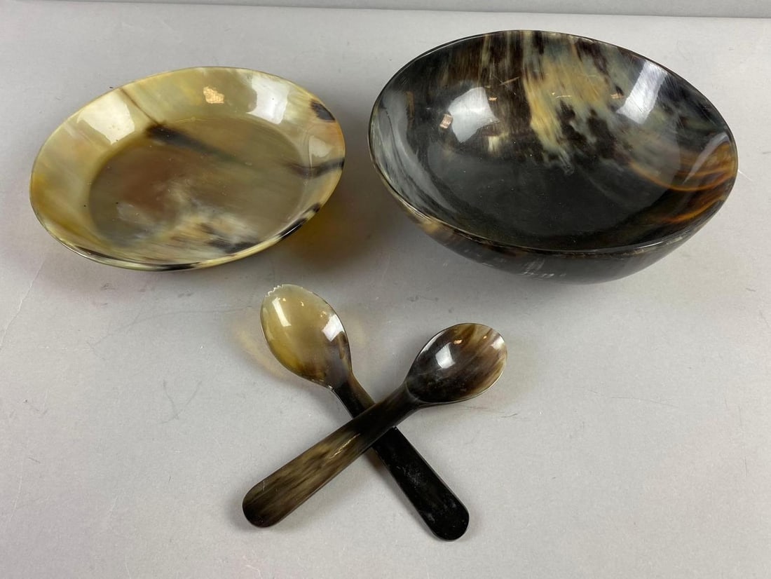 Group of Assorted Handcrafted Buffalo Horn Utensils and More: Includes plate, Bowl, Spork, and Spoon. Bowl measures L 8 x W 3 inches.