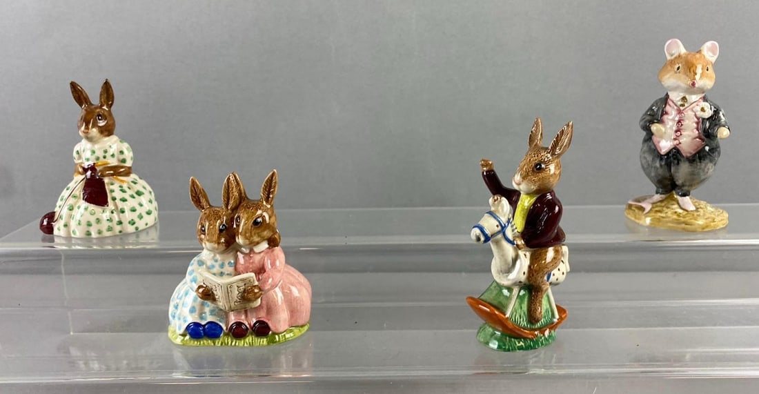Group of 4 Vintage Royal Doulton Porcelain Figurines: Includes Tally Ho, Story Time, and more. Tallest measures 3” . Stand not included.