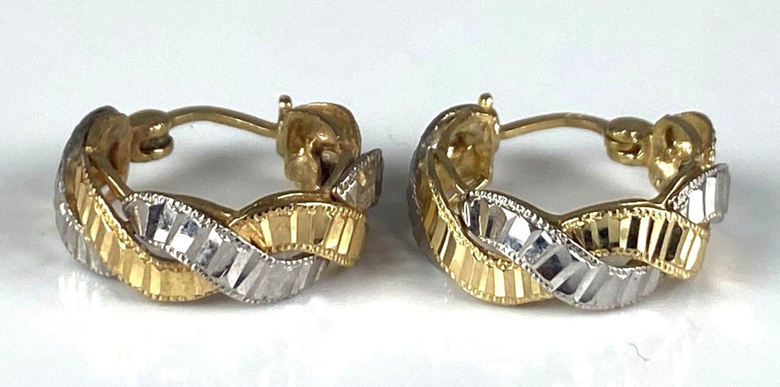 Pair of 14K Yellow / White Gold Hoop Earrings: total weight of 3.3 grams, measures 3/4” H x 1/2” W