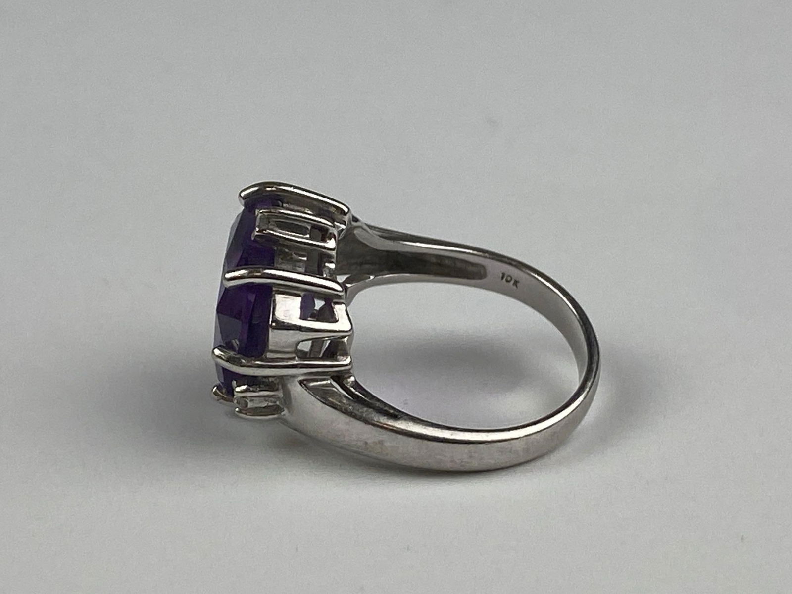 Signed 10K White Gold Amethyst Diamond Ring - 2