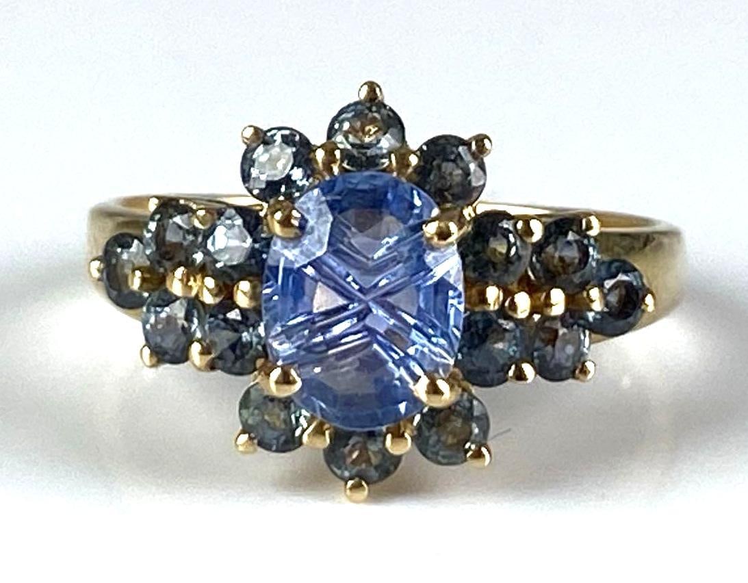 Signed 10K Yellow Gold Sapphire Blue Topaz Cluster Ring (1 of 4)