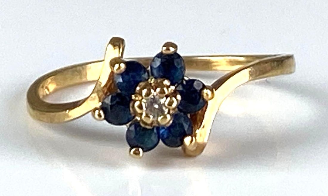 Signed SJ 10K Yellow Gold Diamond Blue Topaz Ring (1 of 3)