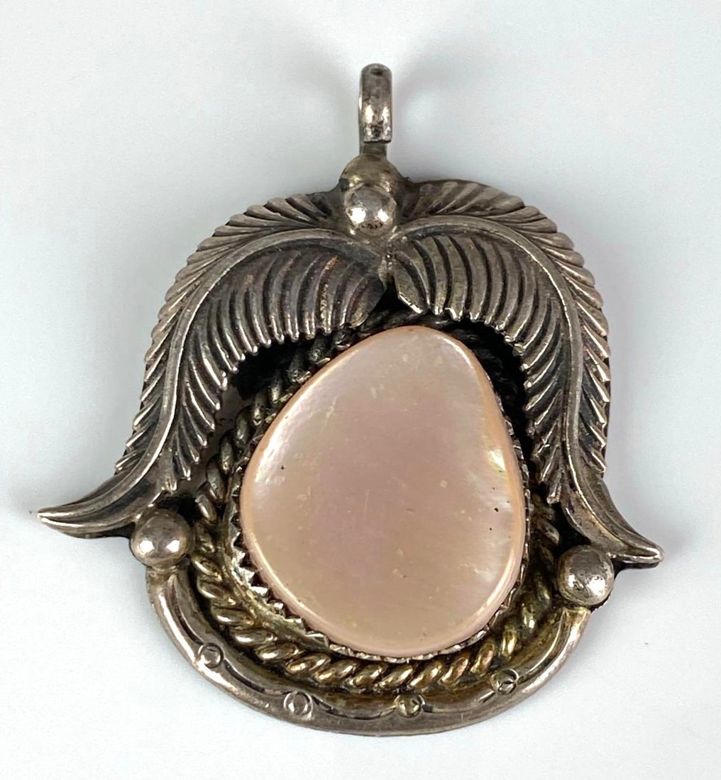 Signed Sterling Silver MOP Native American Pendant: Mother of Pearl, measures 1 1/4” H x 1” W