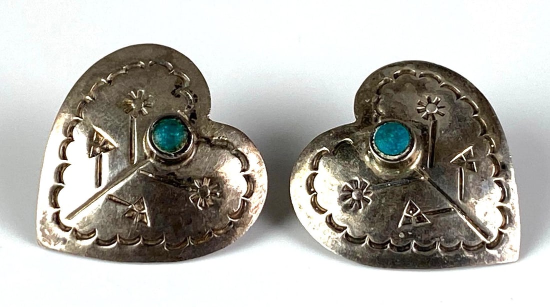 Pair of Mexican Sterling Silver Turquoise Heart Earrings: Each measures 1” H x 1” W