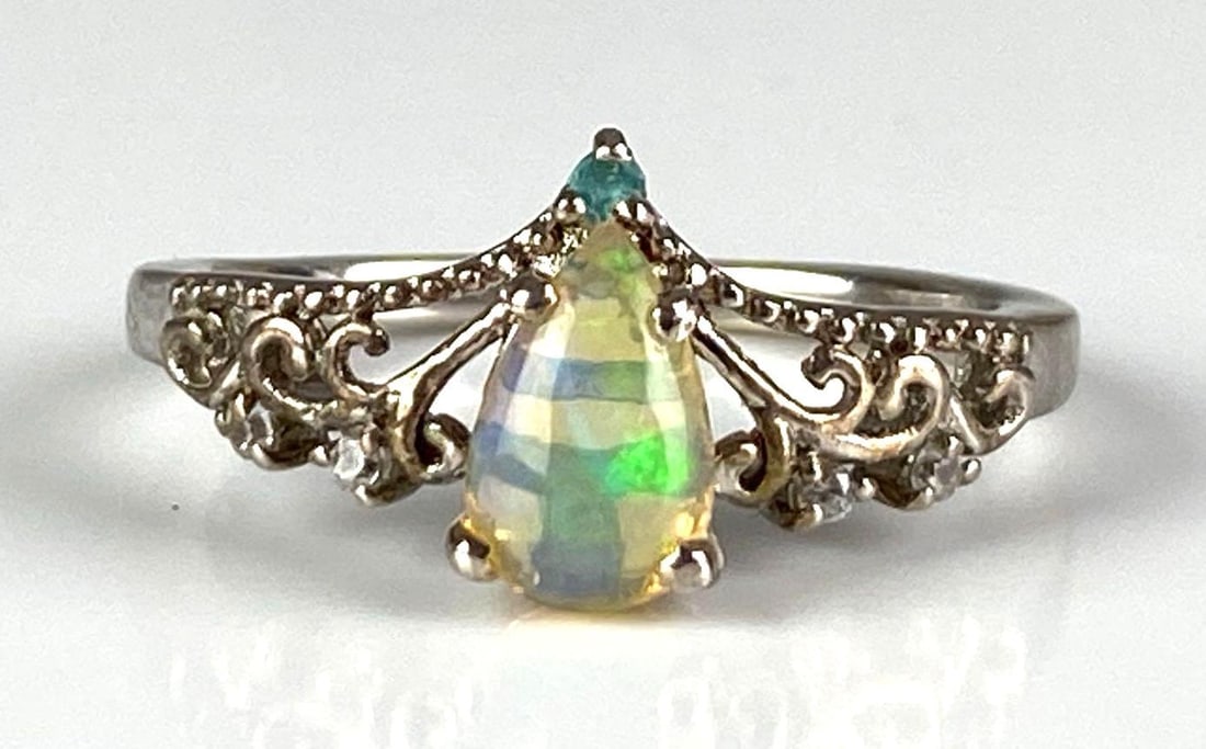 Signed STS Sterling Silver Opal and CZ Ring: Size 7