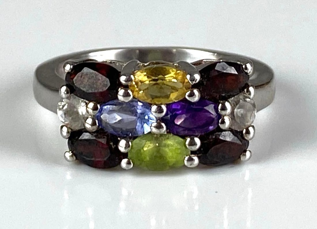 Signed TGGC Sterling Silver Multi-Gem Cluster Ring (1 of 4)