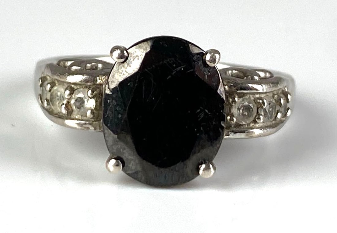 Signed STS Sterling Silver Clear Topaz Ring: Center gem is Metal, size 7