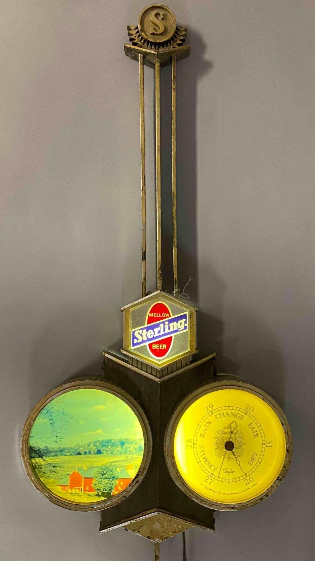 Sterling Mellow Beer Light Up Advertising Barometer: Working condition. Measures L 30 x W 14 inches.