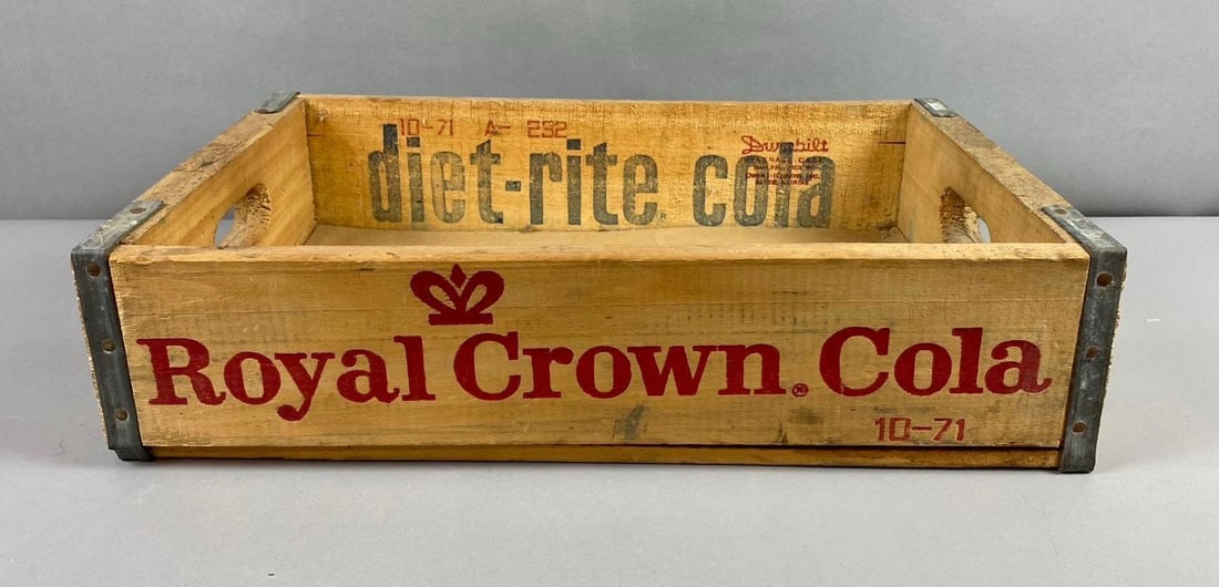 Royal Crown Cola Bottle Crate: Mfg in Chicago, Illinois October of 1971. Measures H 4 x W 12 x L 18 inches.