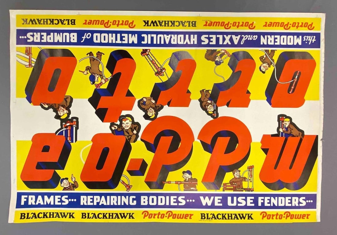 Porto Power Mechanics Advertising Print: Measures L 36 x W 24 inches.some rips on edges.