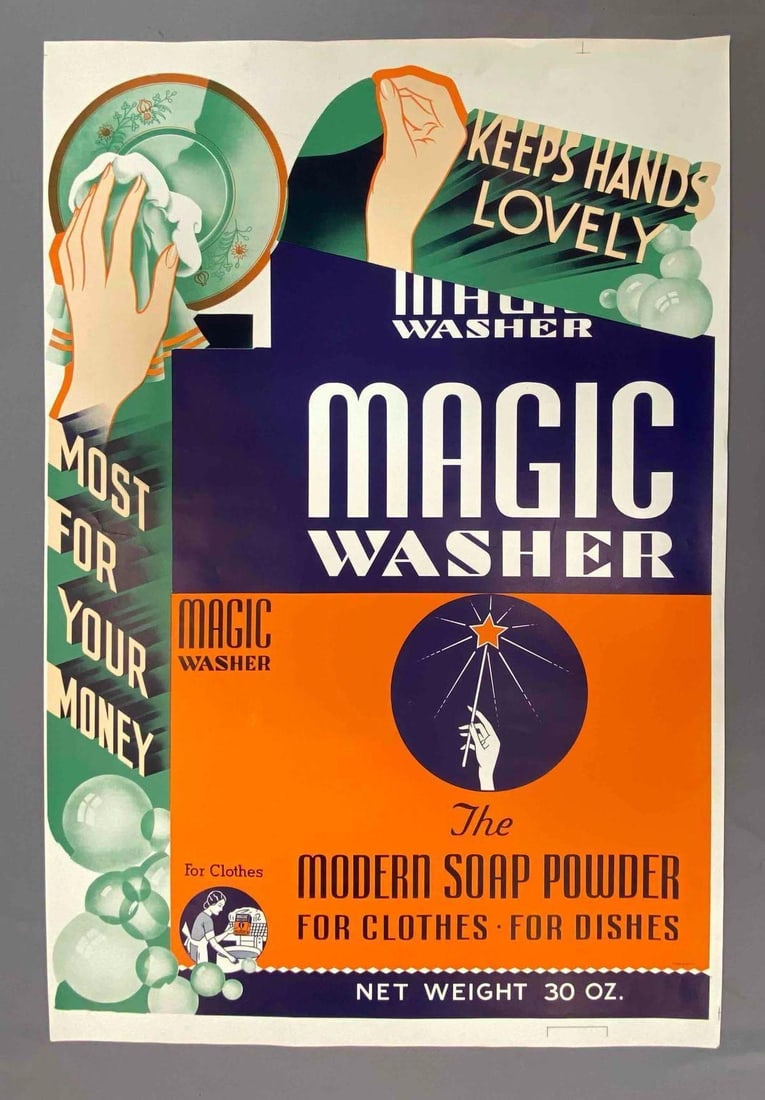 Magic Washer Soap Advertising Print: Measures L 33 x W 22 inches.