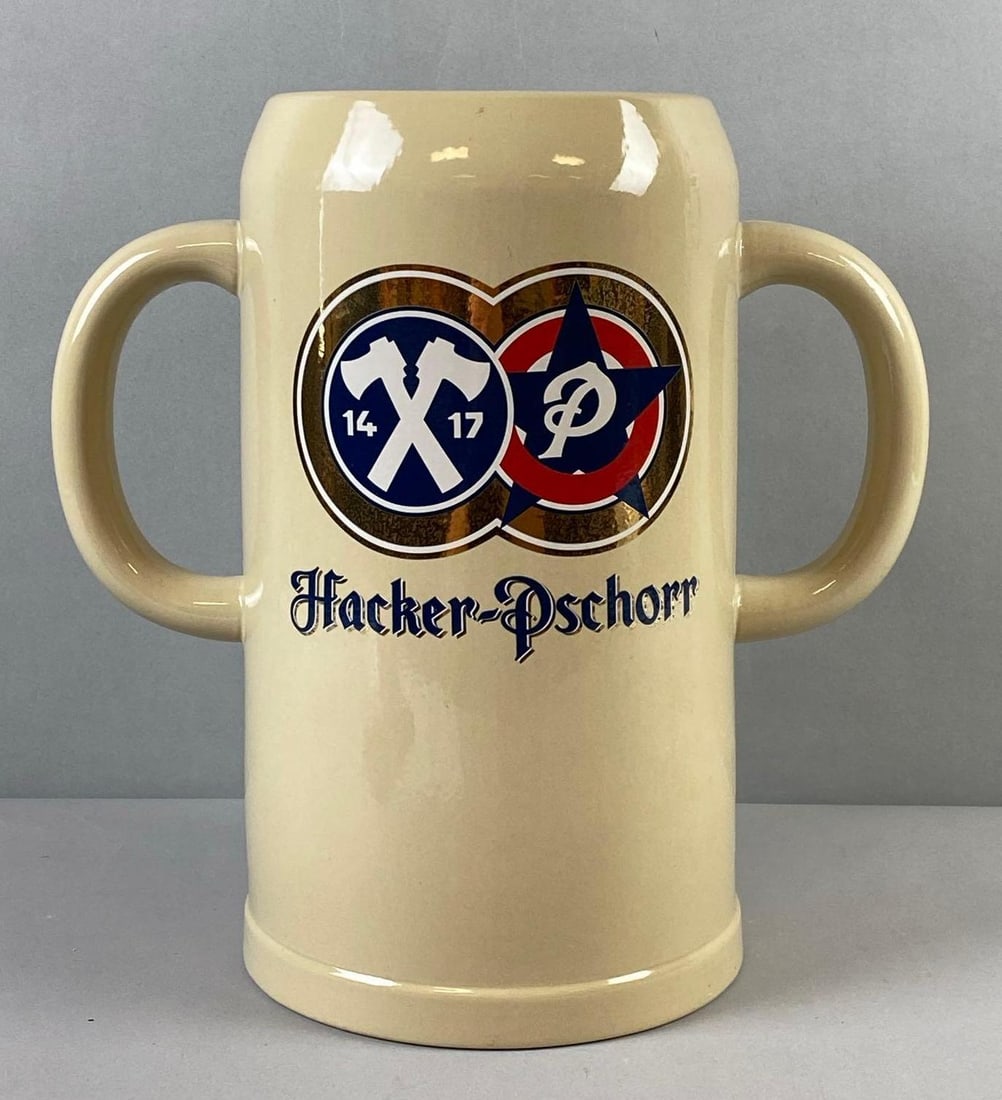 Hacker Pschorr Ceramic Beer Stein: Made in China. Measures L 12 x W 12 inches.