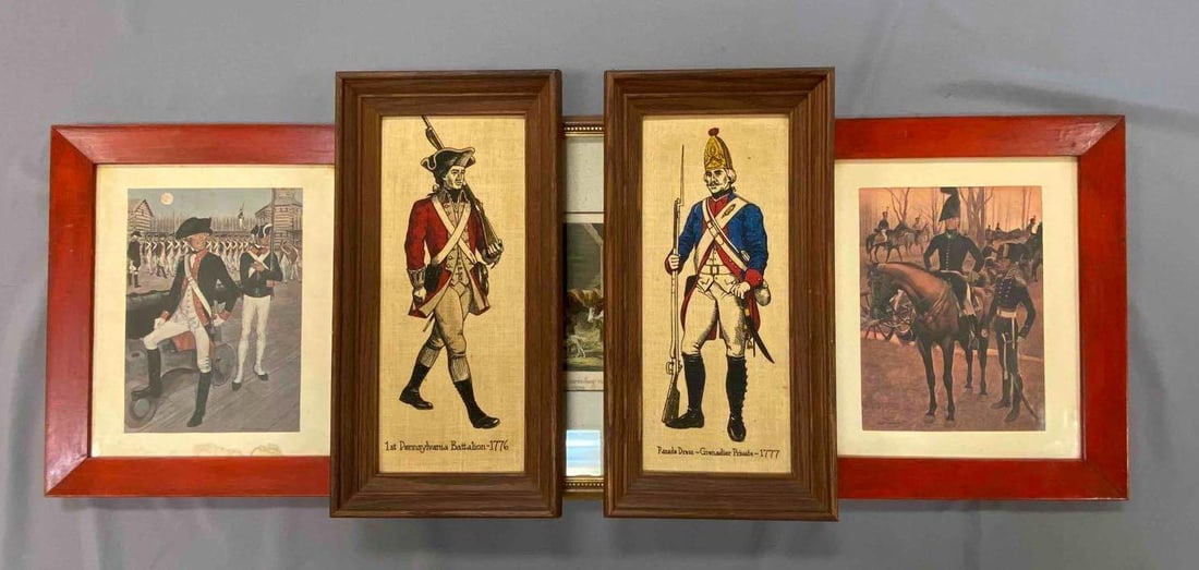 Group of 5 Early American Military Prints and More: Includes The American Solider, 1786, 1st Pennsylvania Battalion 1776, and more. Largest measures L 15 x W 16 inches.