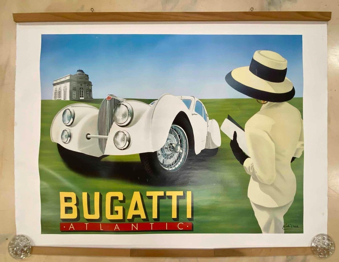 Vintage 1989 Razzia Bugatti Atlantic Poster: On Canvas Backing. Unsure of Authenticity. Canvas backing measures L 65 x W 50 inches. Has some wrinkles in poster.