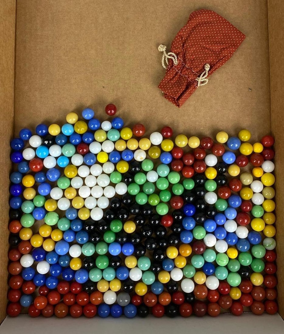 Large Group of Assorted Vintage Marbles with Marble Bag: Largest measures .62 inches.