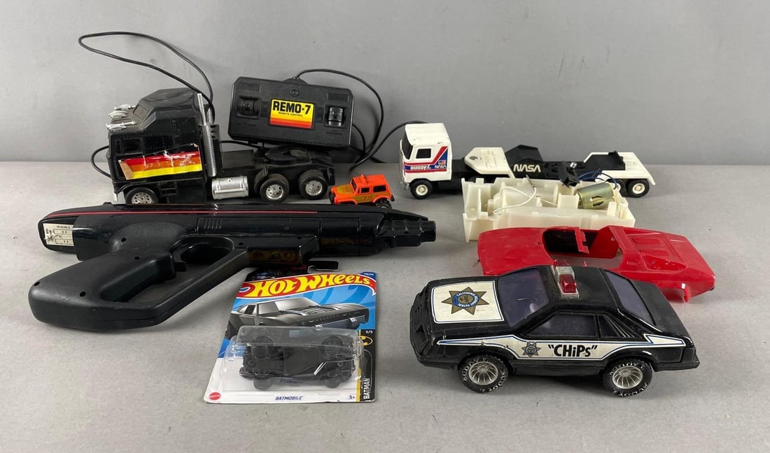 Group of Buddy L Vehicles and More: Includes laser tag gun, Mattel hot wheels Batmobile