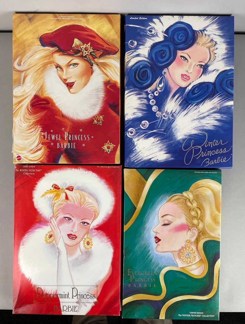 Group of Mattel Winter Princess Barbie Fashion Dolls: Includes peppermint, evergreen, jewel