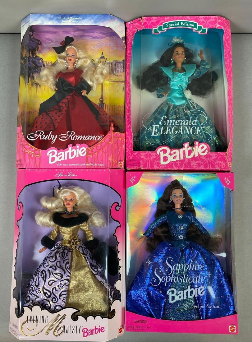 Group of 4 Mattel Barbie Fashion Dolls: Ruby Romance, Emerald Elegance, etc. mild wear new in box Circa 90’s