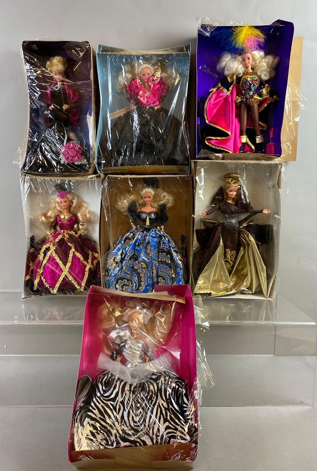 Group of 7 Mattel Barbie Fashion Dolls: Missing outer packaging. Still new in packaging.