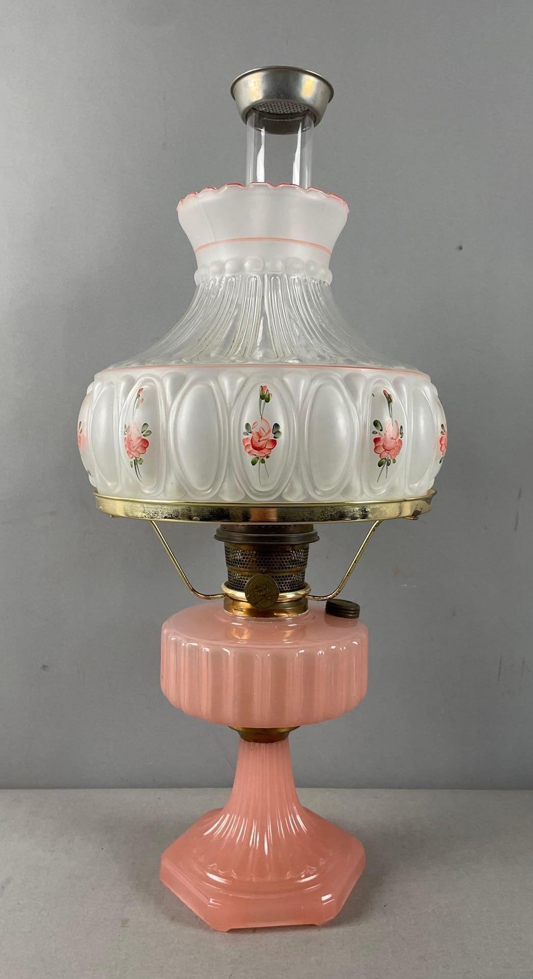 Antique Aladdin Model B Pink Lincoln Drape Kerosene Lamp with Floral Shade (1 of 6)