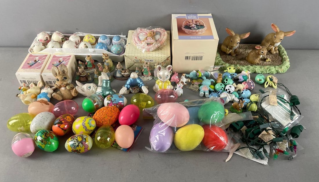 Group of Easter Figurines and More: Includes hallmark keepsake, Easter eggs, cherished teddies