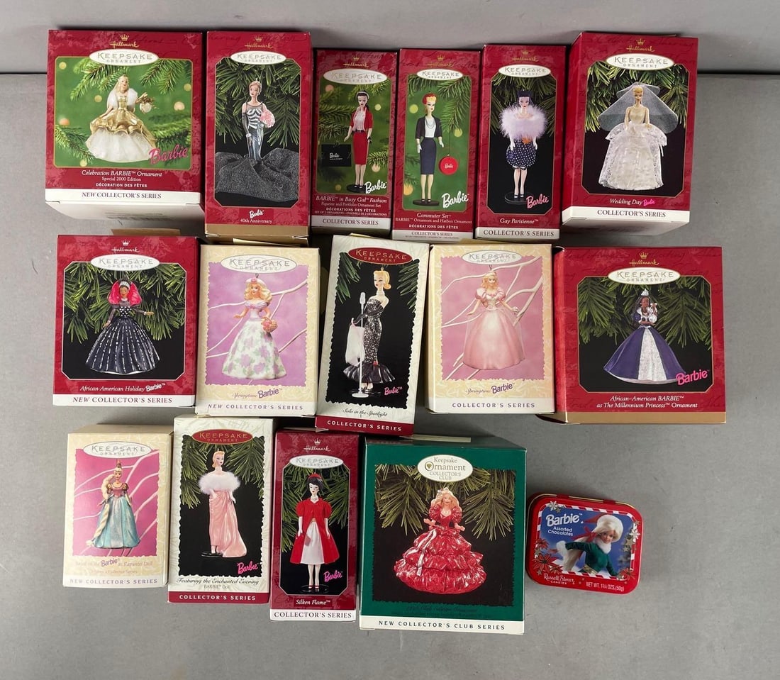 Group of Hallmark Keepsake Barbie Christmas Ornaments: Includes wedding day, African American, 40th anniversary