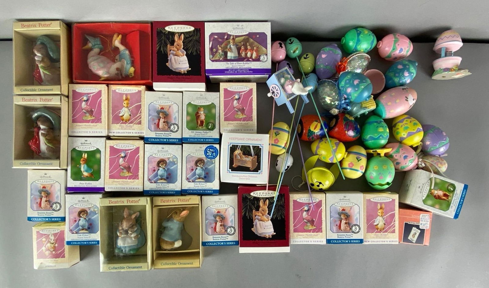 Group of Hallmark Keepsake Easter Ornaments and More: includes bunnies, bells, eggs and more, largest box measures 5” H x 3” W x 2” D