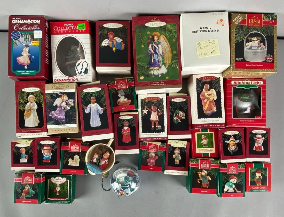 Group of Hallmark Keepsake Christmas Ornaments and More: Includes sweet talk, poolside walrus, godchild and more, largest box measures 7” H x 4 1/2” W x 3 1/2” D