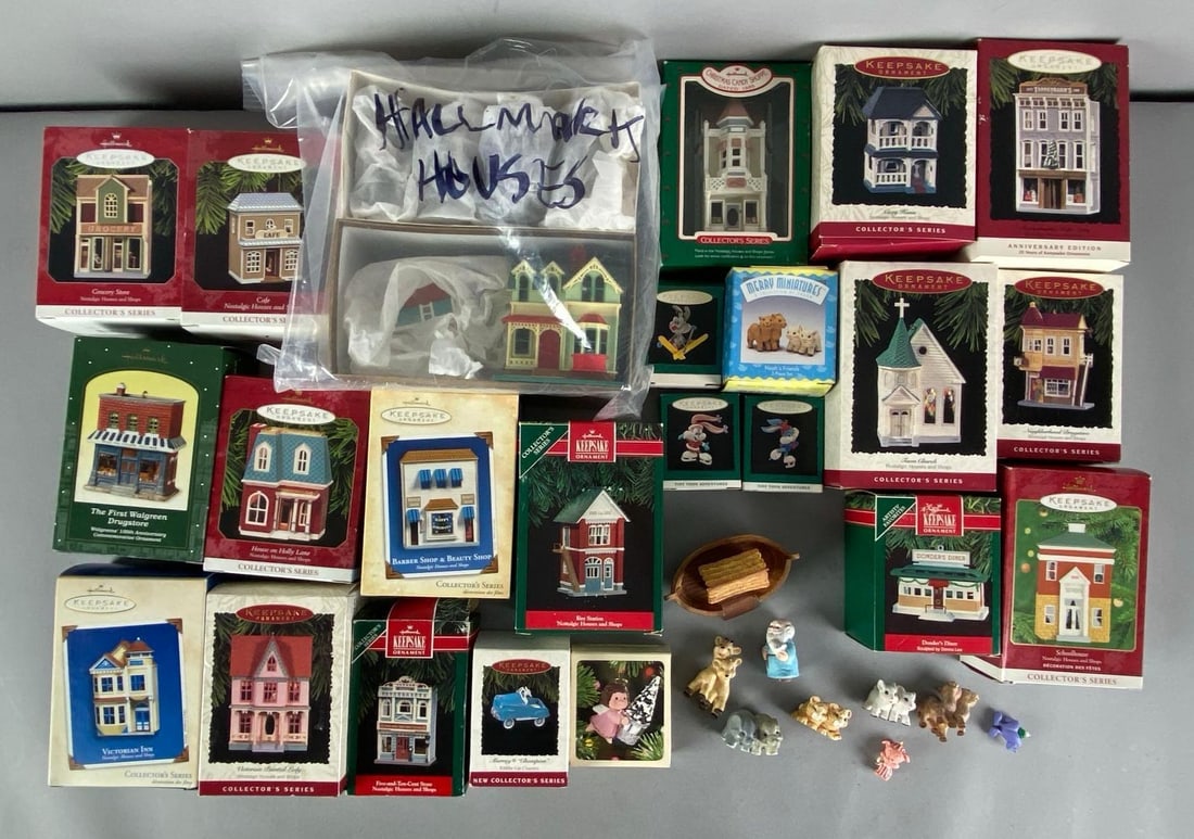 Group of Building Hallmark Keepsake Ornaments and More: Includes Victorian Painted Lady, Victorian inn, kiddie car and more, largest measures 9” H x 7” W x 4” D
