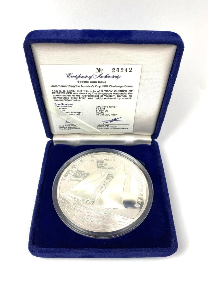 1987 The Singapore Mint Samoa I Sisifo $25 Americas Cup Perth Australia 5 oz .999 Fine Silver Proof: Includes COA