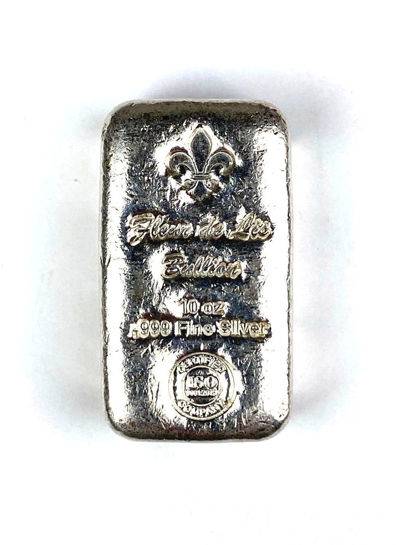 Fleur de Lis Bullion 10 oz .999 Fine Silver Hand Poured Loaf: Fleur de Lis Bullion 10 oz .999 Fine Silver Hand Poured Loaf