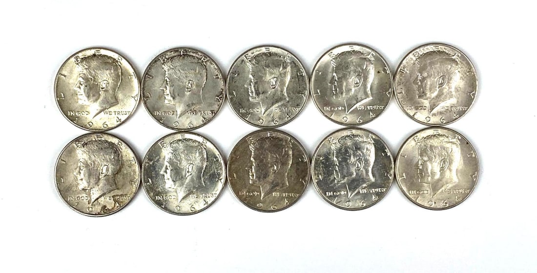 Group of 10 1964 US Kennedy Silver Half Dollars (1 of 2)