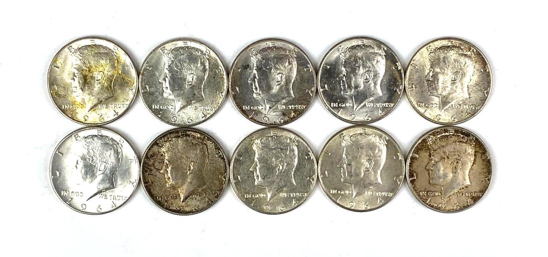 Group of 10 1964 US Kennedy Silver Half Dollars (1 of 2)