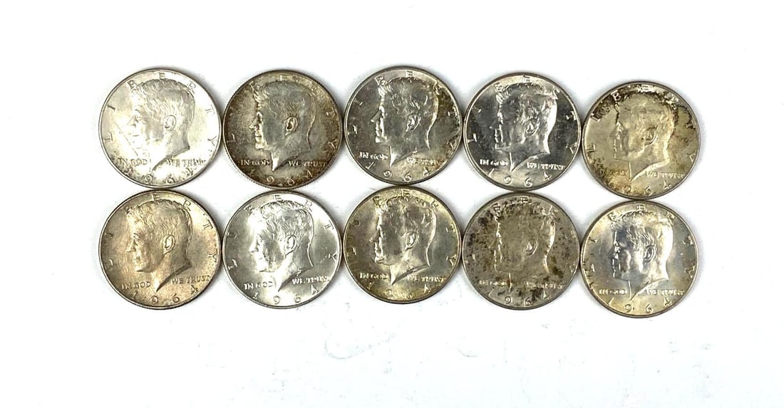 Group of 10 1964 US Kennedy Silver Half Dollars (1 of 2)
