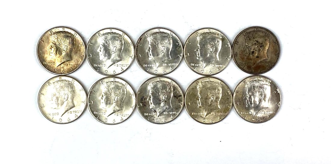 Group of 10 1964 US Kennedy Silver Half Dollars (1 of 2)
