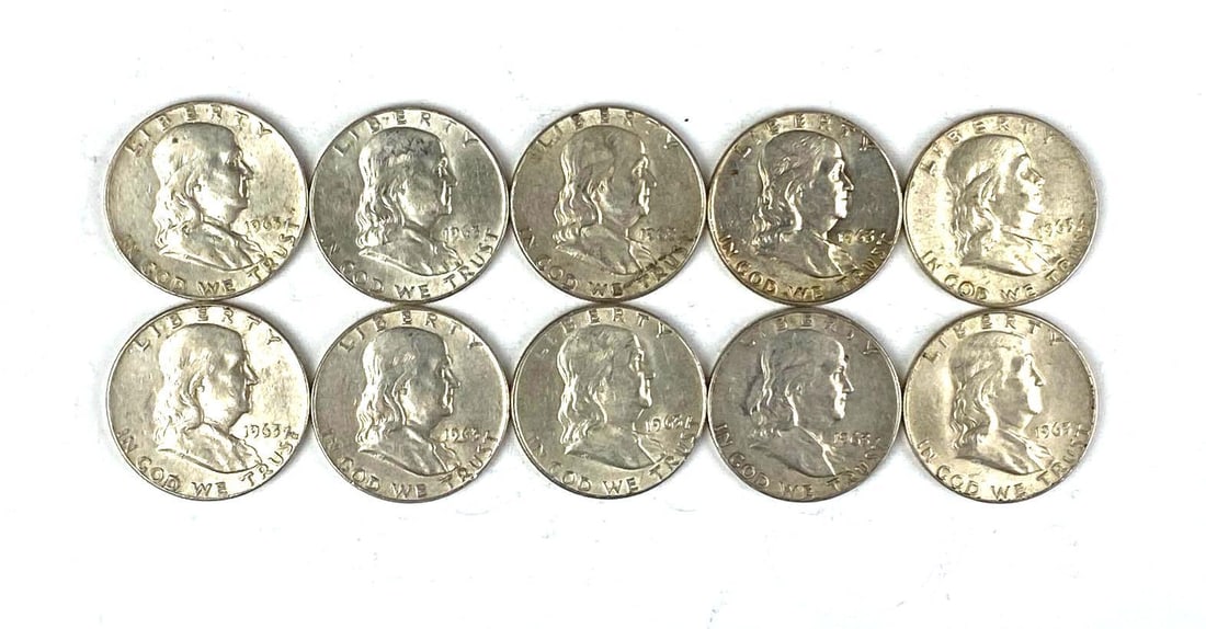Group of 10 1963 US Franklin Silver Half Dollars (1 of 2)