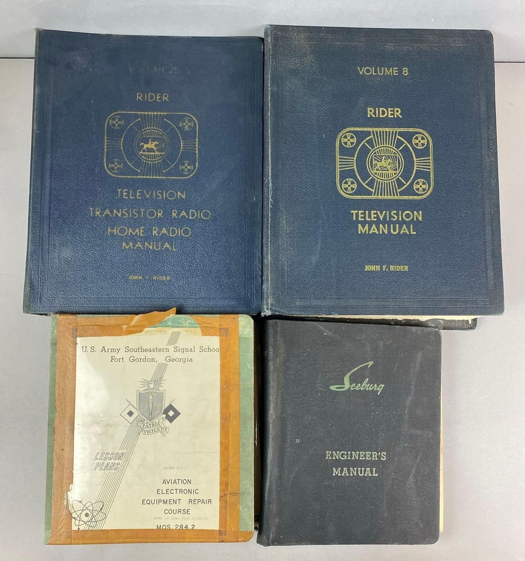 Group of 4 Vintage Manuals: Includes Seeburg Engineer Manual, Rider Radio Manual and more. Largest measures H 15 1/2 x W 12 1/2 x D 4 inches.