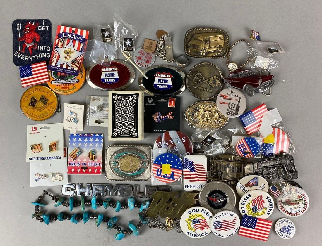 Group of Assorted Items: Includes belt Buckles, Button Pins, Playing Cards and more. Largest item measures H 3 1/2 x W 2 1/2x D 1 1/4inches.