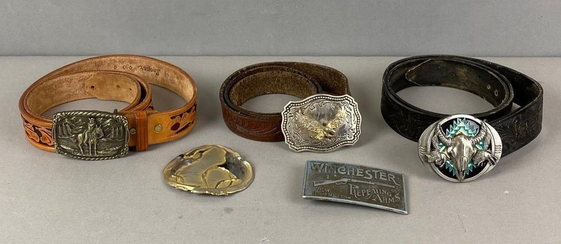 Group of 3 Embossed Leather Belts and Buckles (1 of 2)