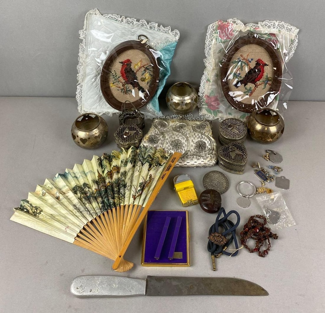 Group of Assorted Items: Includes Vintage Cigarette case and lighters, cross Stitch cardinal and more. Largest item measures H x W X D inches.