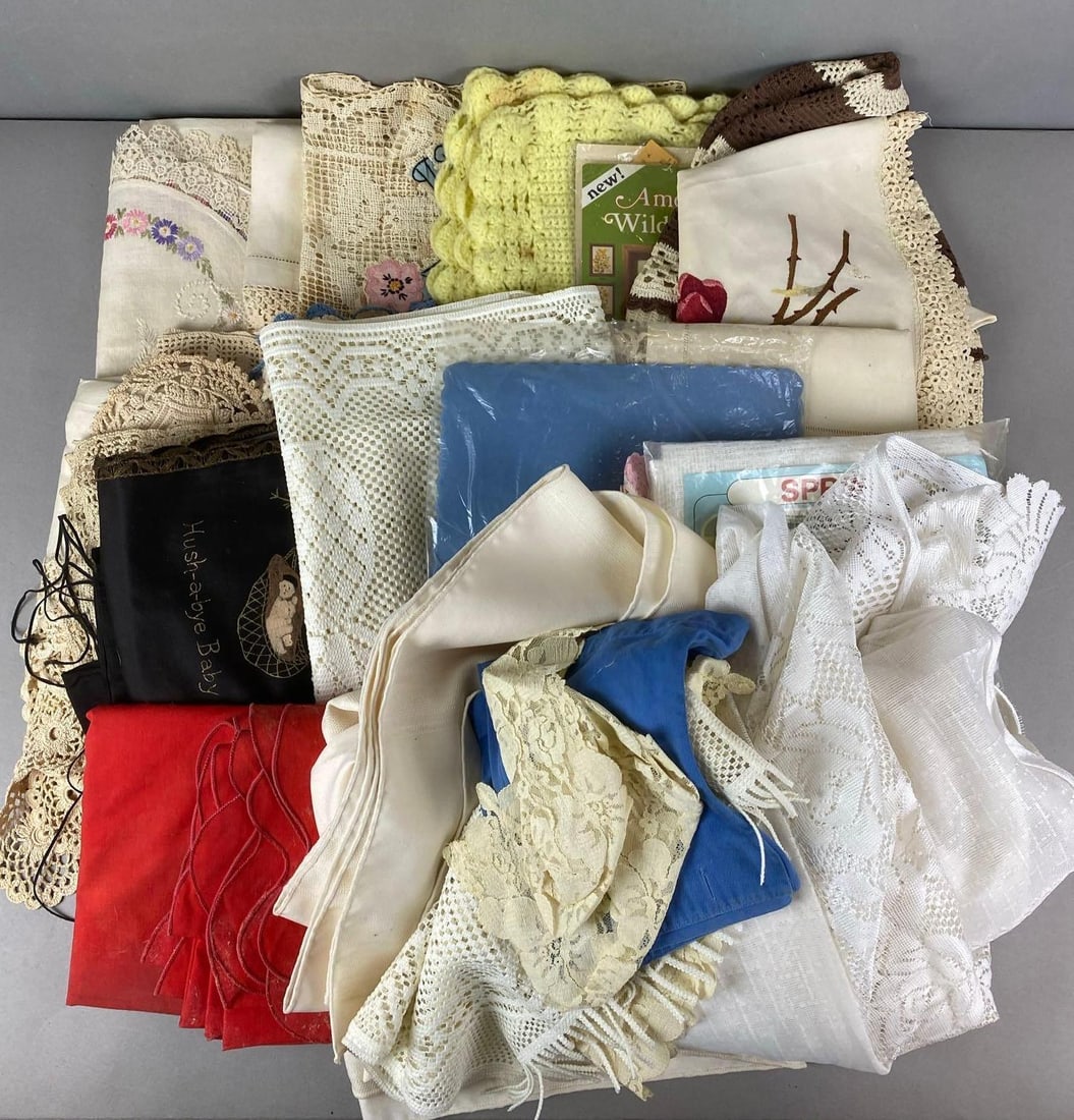 Group of Vintage Household Linens: Includes crochet table cloths, Curtains and more. Largest measures H 78 x W 25 inches.