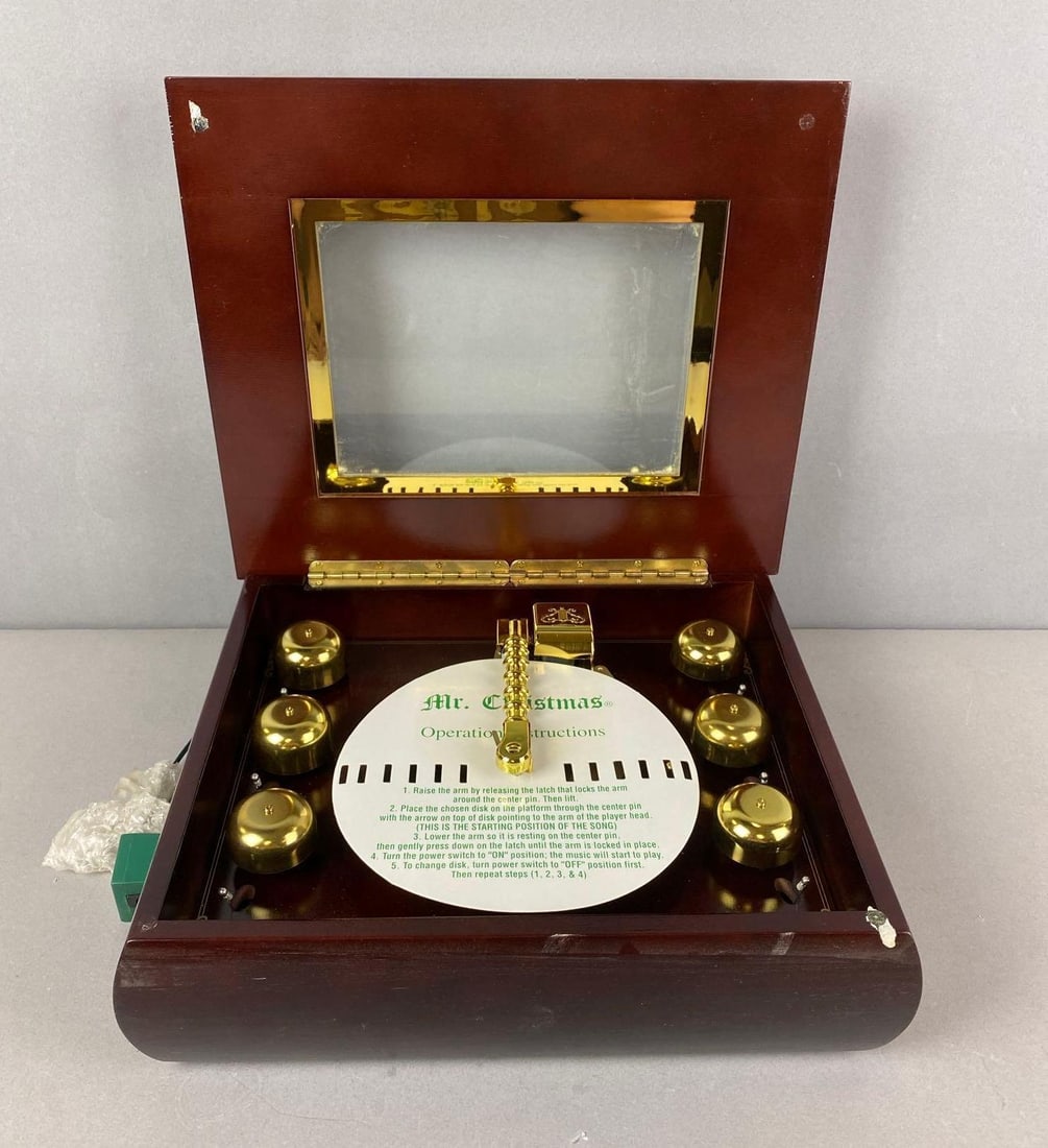 Mr. Christmas Musical Bell Symphonium: Untested. No adapter. Needs a good cleaning. Measures H 3 1/2 x W 12 1/2 x D 10 1/2 inches.